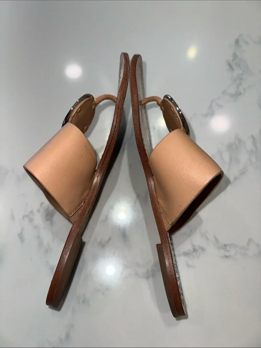 TORY BURCH SIZE 8~SILVER DISK PATOS SANDALS~NATURAL VACHETTA NUDE LEATHER~FLATS